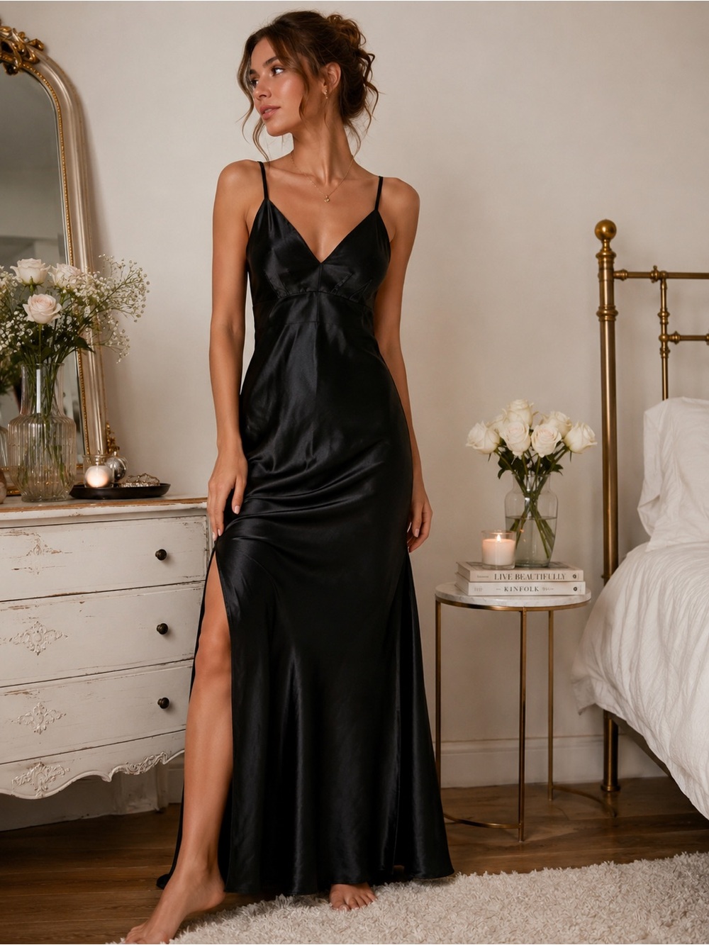 Vintage Victoria’s Secret Black Satin Slip Dress Gown Maxi Side Slit Y2K S